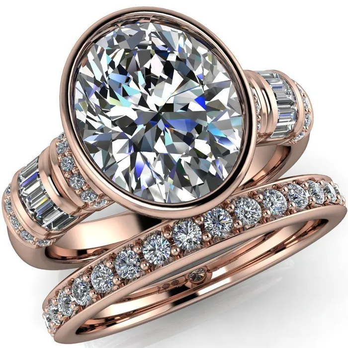 Rings Fire Brilliance Medley Oval Center Stone Full Bezel Diamond Side Engagement Ring