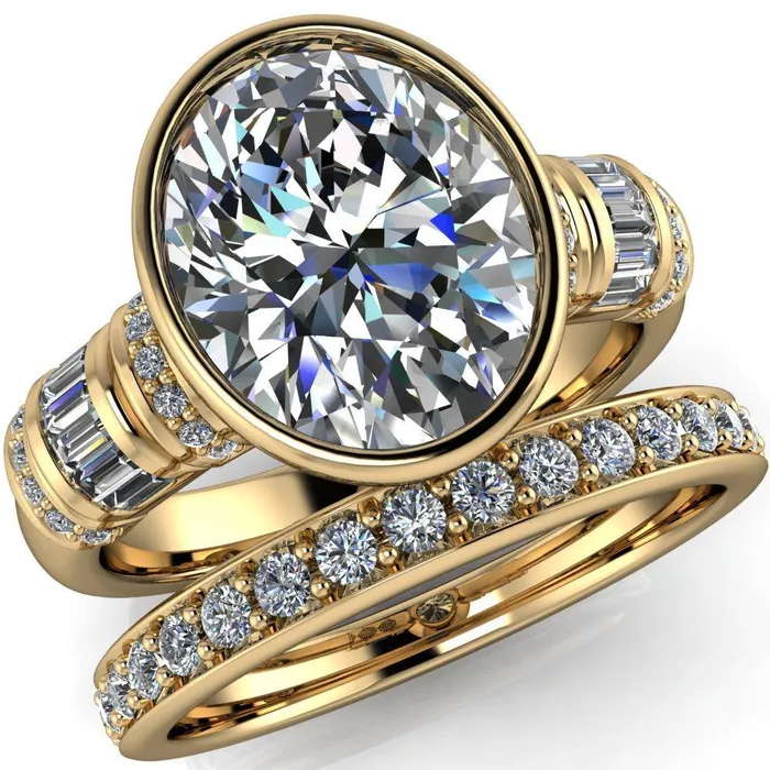 Rings Fire Brilliance Medley Oval Center Stone Full Bezel Diamond Side Engagement Ring