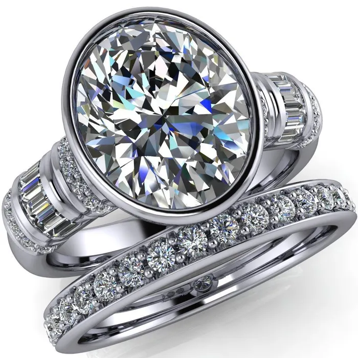 Rings Fire Brilliance Medley Oval Center Stone Full Bezel Diamond Side Engagement Ring
