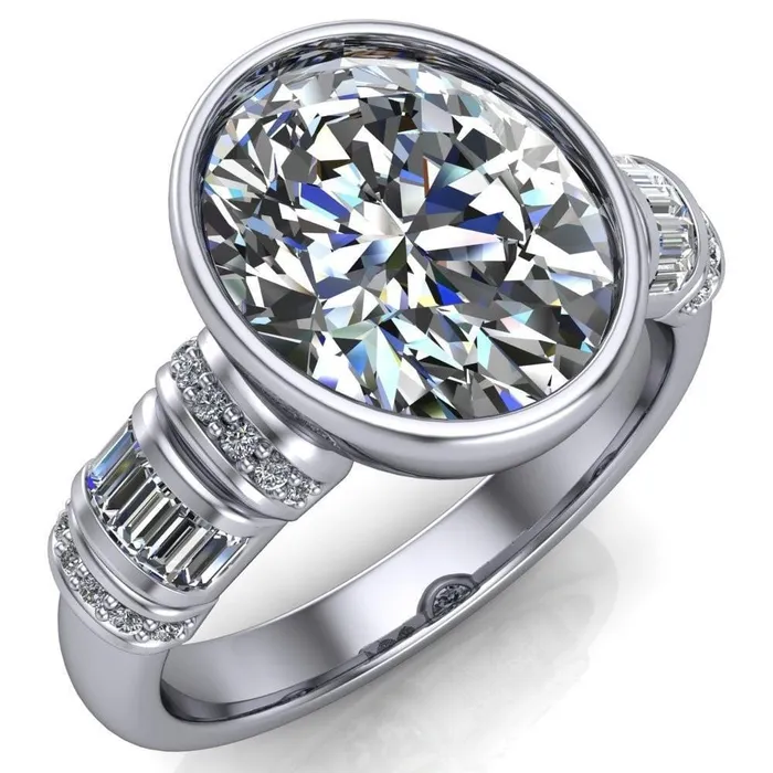 Rings Fire Brilliance Medley Oval Center Stone Full Bezel Diamond Side Engagement Ring