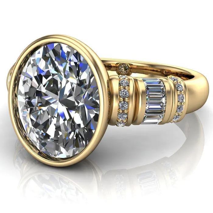 Rings Fire Brilliance Medley Oval Center Stone Full Bezel Diamond Side Engagement Ring