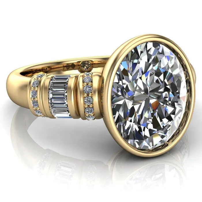 Rings Fire Brilliance Medley Oval Center Stone Full Bezel Diamond Side Engagement Ring