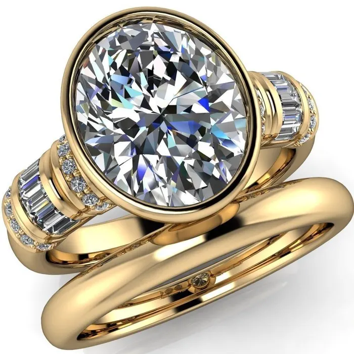 Rings Fire Brilliance Medley Oval Center Stone Full Bezel Diamond Side Engagement Ring