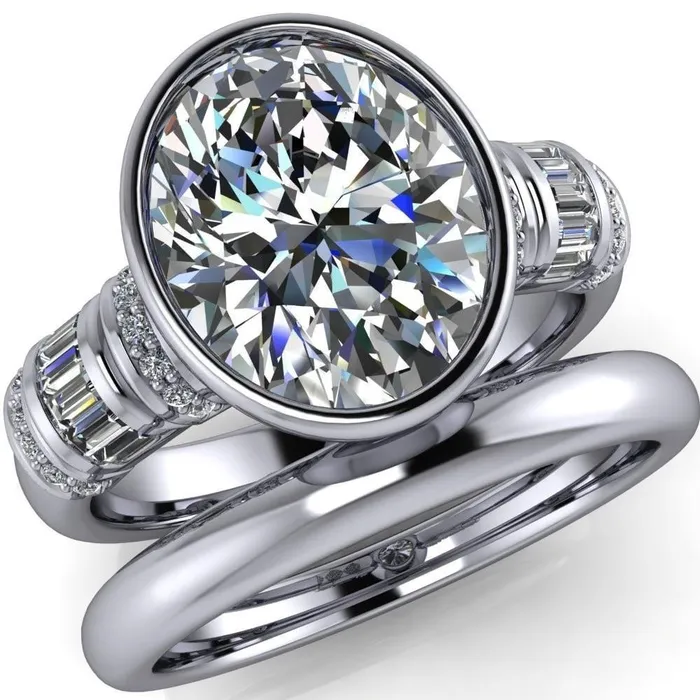Rings Fire Brilliance Medley Oval Center Stone Full Bezel Diamond Side Engagement Ring
