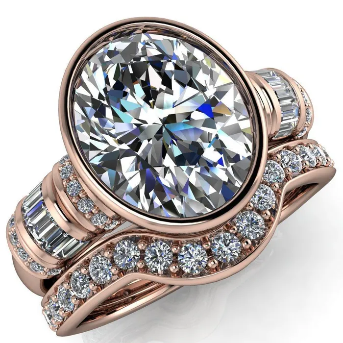Rings Fire Brilliance Medley Oval Center Stone Full Bezel Diamond Side Engagement Ring