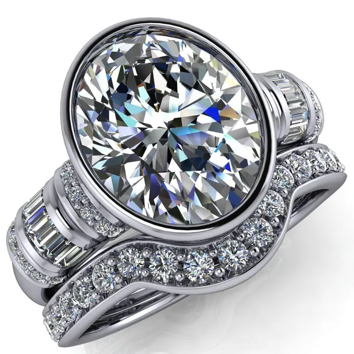 Rings Fire Brilliance Medley Oval Center Stone Full Bezel Diamond Side Engagement Ring