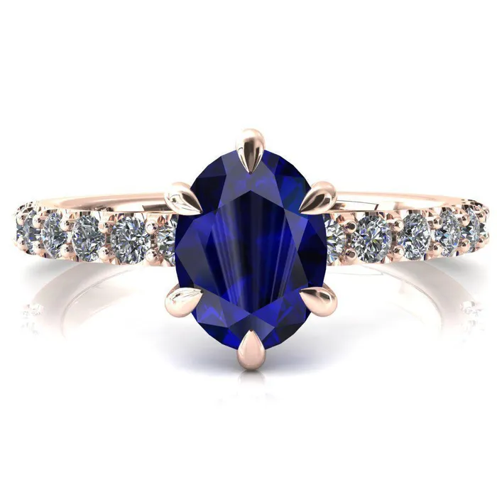 Rings Fire Brilliance Mylene Oval Blue Sapphire 6 Prong Sculptural Half Eternity Diamond Engagement Ring