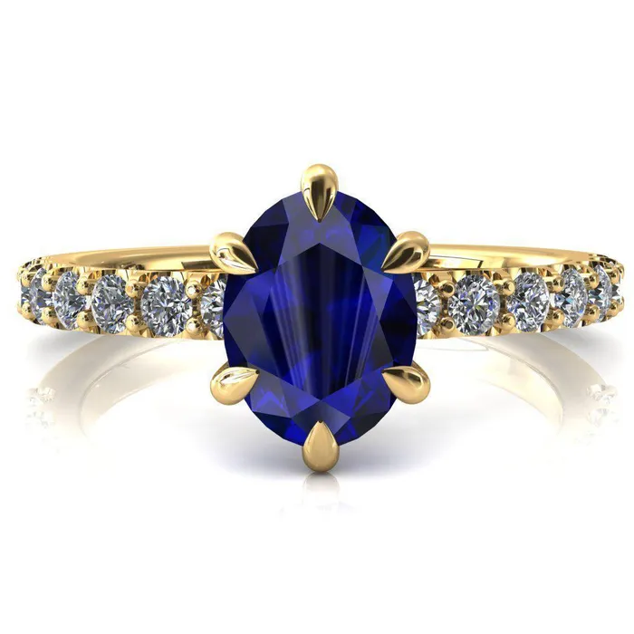 Rings Fire Brilliance Mylene Oval Blue Sapphire 6 Prong Sculptural Half Eternity Diamond Engagement Ring