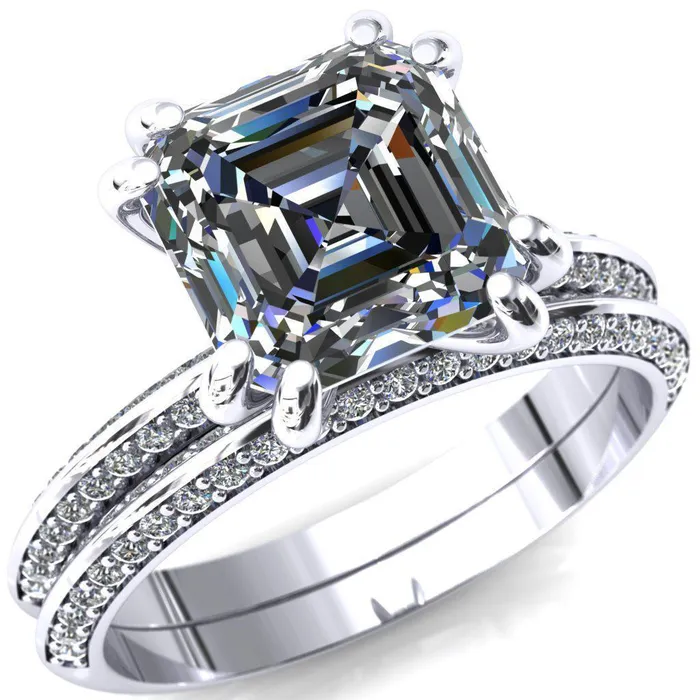 Rings Fire Brilliance Nancy Asscher Moissanite 4 Double Prong 12 Eternity Diamond Knife Shank Accent Engagement Ring Rings Fire Brilliance Nancy Asscher Moissanite 4 Double Prong 12 Eternity Diamond Knife Shank Accent Engagement Ring