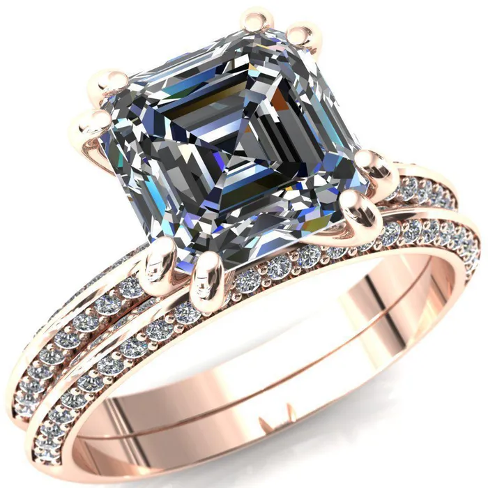 Rings Fire Brilliance Nancy Asscher Moissanite 4 Double Prong 12 Eternity Diamond Knife Shank Accent Engagement Ring