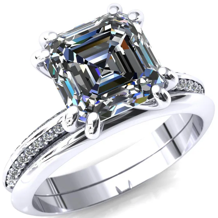 Rings Fire Brilliance Nancy Asscher Moissanite 4 Double Prong 12 Eternity Diamond Knife Shank Accent Engagement Ring