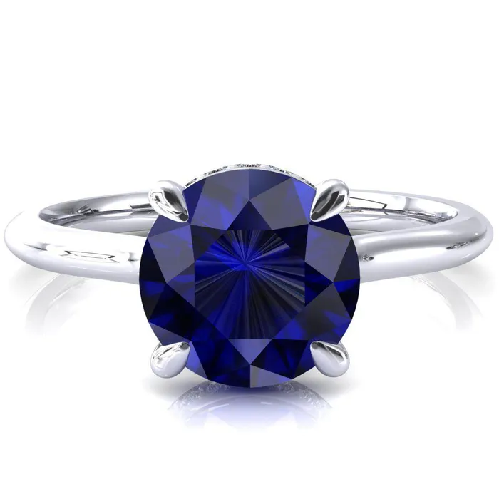 Rings Fire Brilliance Secret Round Blue Sapphire 4 Prong Floating Halo Engagement Ring