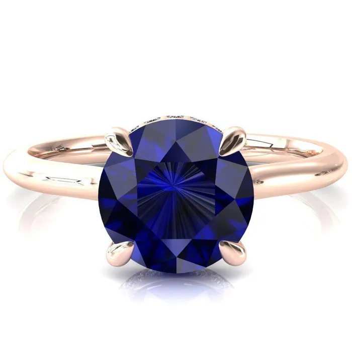 Rings Fire Brilliance Secret Round Blue Sapphire 4 Prong Floating Halo Engagement Ring