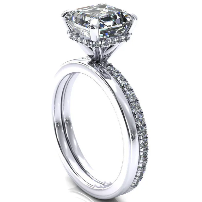 Rings Fire Brilliance Sicili Asscher Moissanite 4 Prong 34 Micro Pave Diamond Engagement Ring
