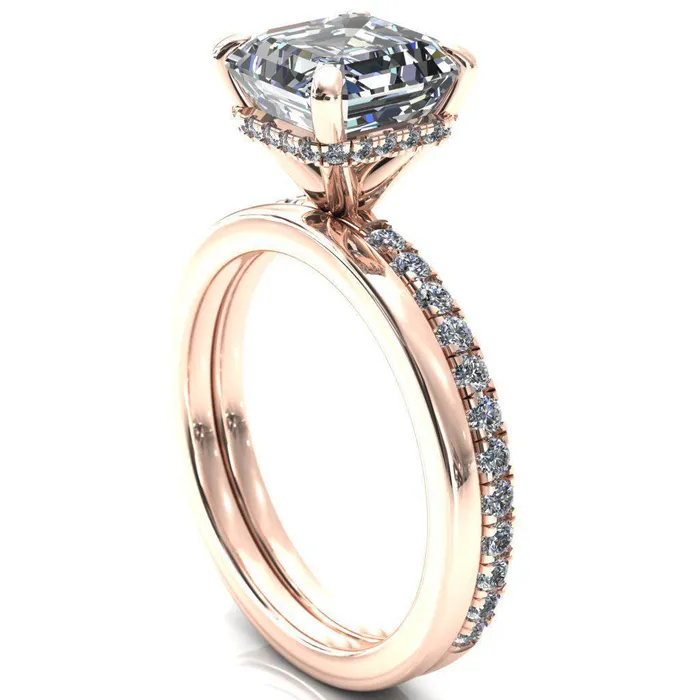 Rings Fire Brilliance Sicili Asscher Moissanite 4 Prong 34 Micro Pave Diamond Engagement Ring