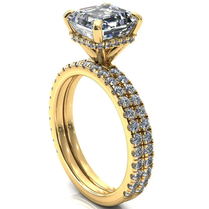 Rings Fire Brilliance Sicili Asscher Moissanite 4 Prong 34 Micro Pave Diamond Engagement Ring