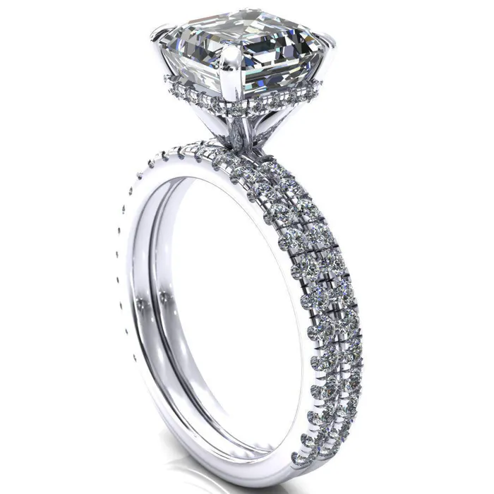 Rings Fire Brilliance Sicili Asscher Moissanite 4 Prong 34 Micro Pave Diamond Engagement Ring