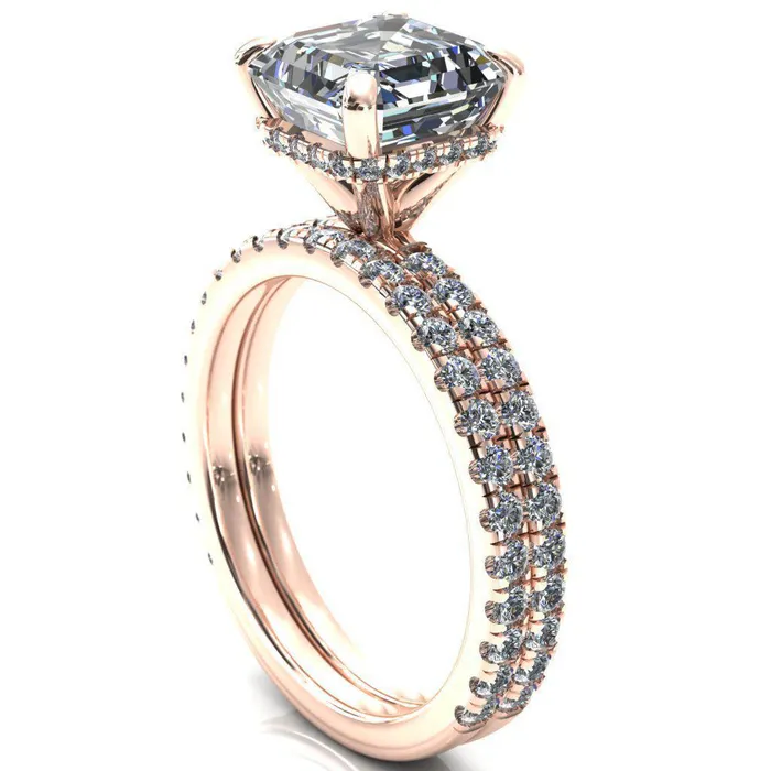 Rings Fire Brilliance Sicili Asscher Moissanite 4 Prong 34 Micro Pave Diamond Engagement Ring
