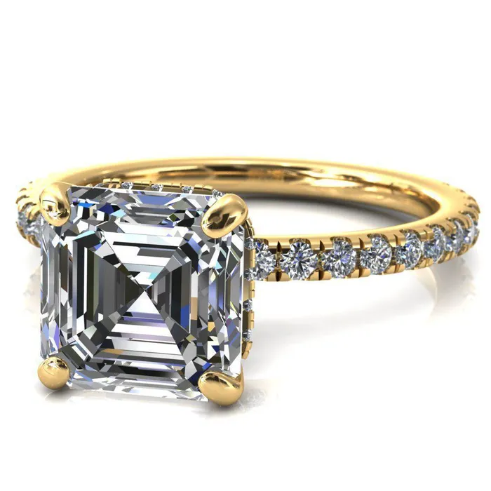 Rings Fire Brilliance Sicili Asscher Moissanite 4 Prong 34 Micro Pave Diamond Engagement Ring