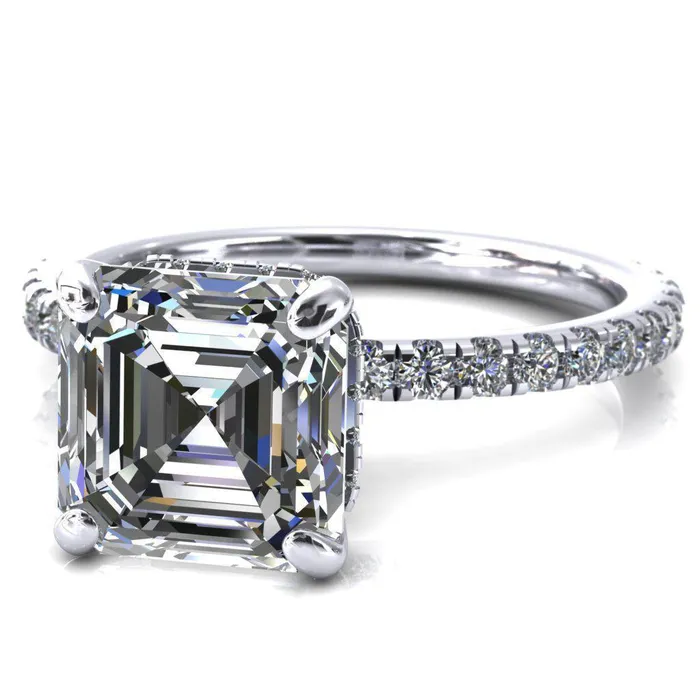 Rings Fire Brilliance Sicili Asscher Moissanite 4 Prong 34 Micro Pave Diamond Engagement Ring