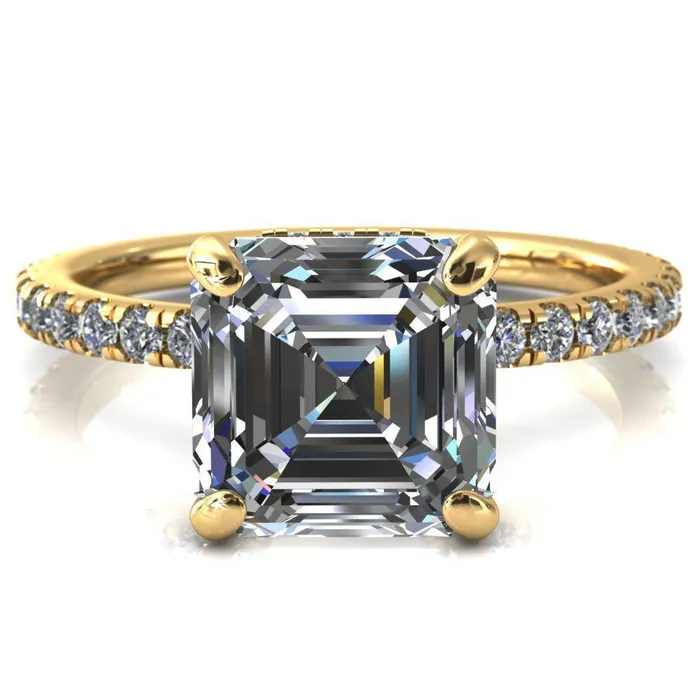 Rings Fire Brilliance Sicili Asscher Moissanite 4 Prong 34 Micro Pave Diamond Engagement Ring