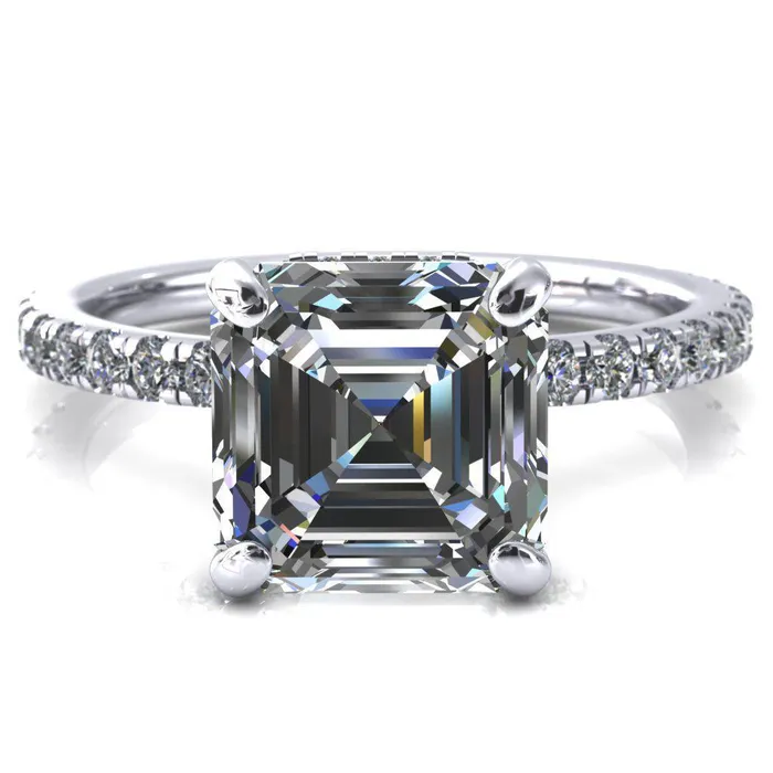 Rings Fire Brilliance Sicili Asscher Moissanite 4 Prong 34 Micro Pave Diamond Engagement Ring