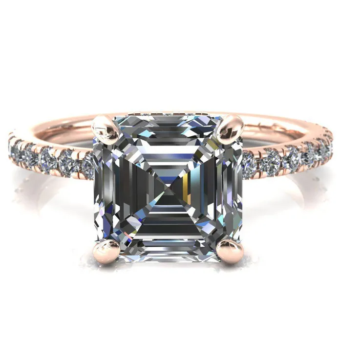 Rings Fire Brilliance Sicili Asscher Moissanite 4 Prong 34 Micro Pave Diamond Engagement Ring