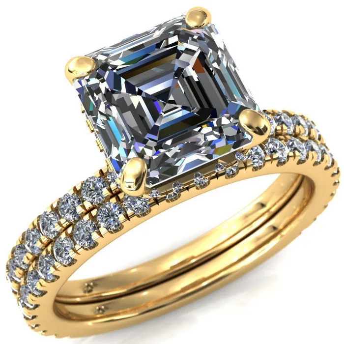 Rings Fire Brilliance Sicili Asscher Moissanite 4 Prong 34 Micro Pave Diamond Engagement Ring