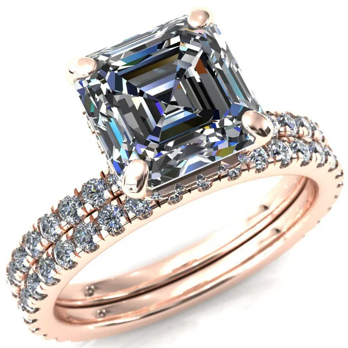 Rings Fire Brilliance Sicili Asscher Moissanite 4 Prong 34 Micro Pave Diamond Engagement Ring