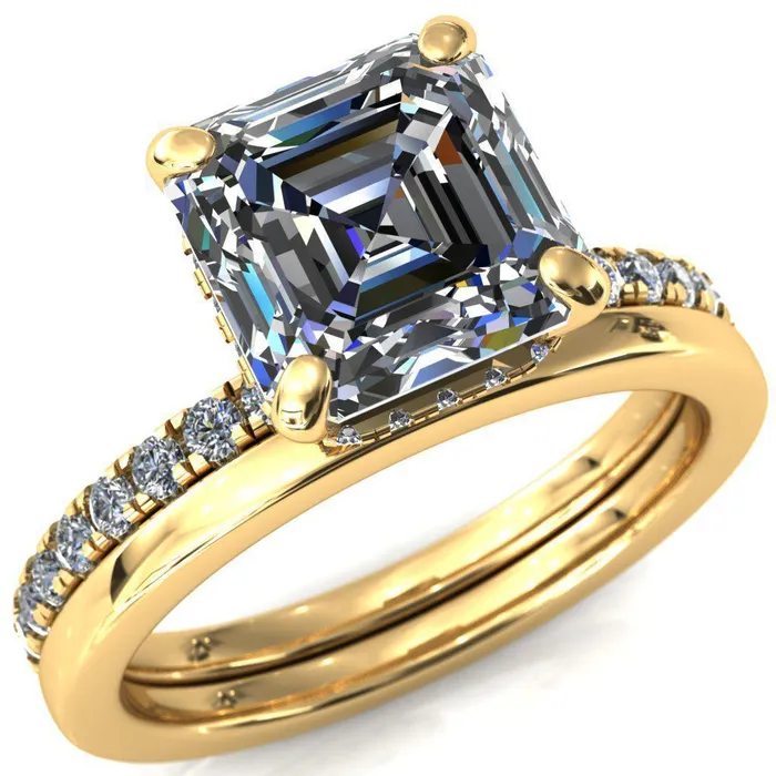 Rings Fire Brilliance Sicili Asscher Moissanite 4 Prong 34 Micro Pave Diamond Engagement Ring