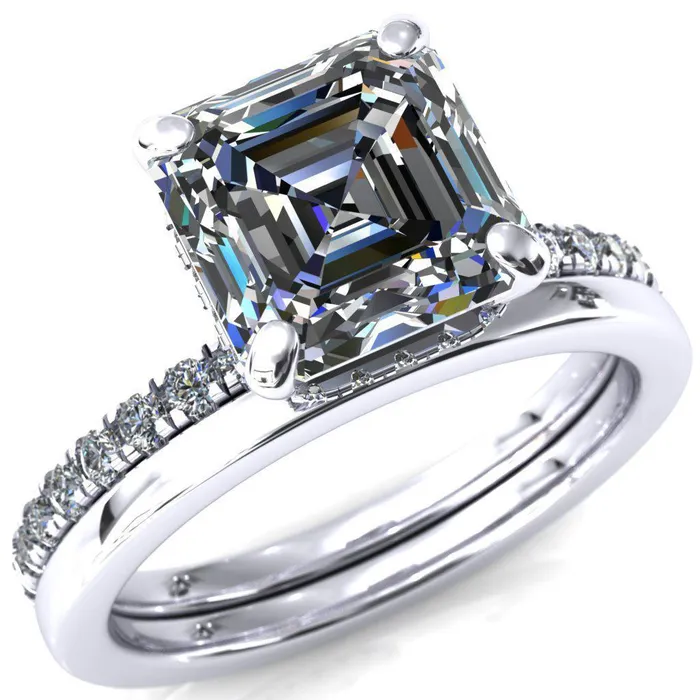 Rings Fire Brilliance Sicili Asscher Moissanite 4 Prong 34 Micro Pave Diamond Engagement Ring