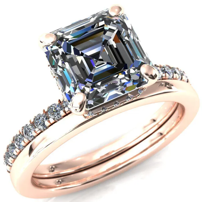 Rings Fire Brilliance Sicili Asscher Moissanite 4 Prong 34 Micro Pave Diamond Engagement Ring