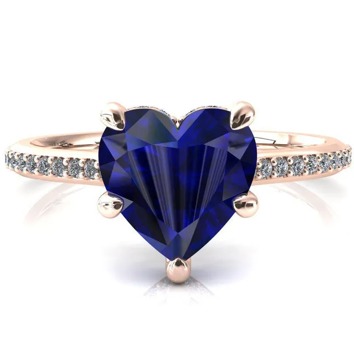 Rings Kiki Heart Blue Sapphire 5 Prongs Claw Floating Halo 12 Pinpoint Inverted Cathedral Ring Fire Brilliance 