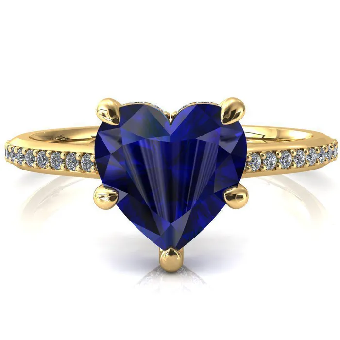 Rings Kiki Heart Blue Sapphire 5 Prongs Claw Floating Halo 12 Pinpoint Inverted Cathedral Ring Fire Brilliance 
