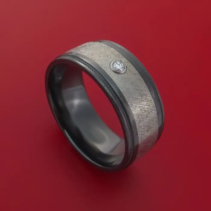 Rings Lashbrook Black Zirconium Ring with Gibeon Meteorite Inlay and Diamond Custom Made Band Rings Lashbrook Black Zirconium Ring with Gibeon Meteorite Inlay and Diamond Custom Made Band