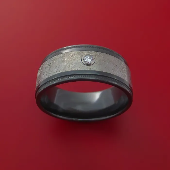 Rings Lashbrook Black Zirconium Ring with Gibeon Meteorite Inlay and Diamond Custom Made Band Rings Lashbrook Black Zirconium Ring with Gibeon Meteorite Inlay and Diamond Custom Made Band