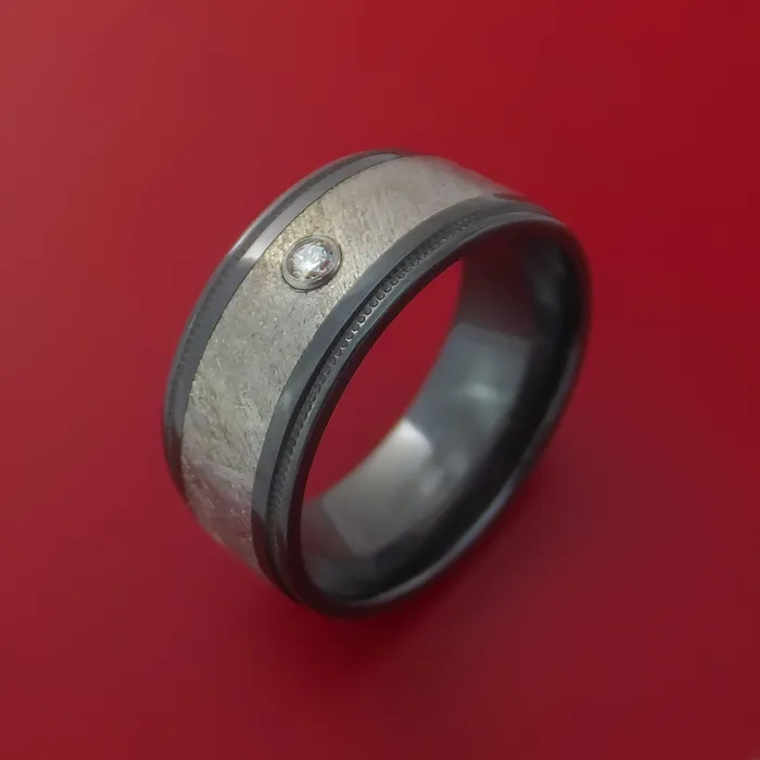 Rings Lashbrook Black Zirconium Ring with Gibeon Meteorite Inlay and Diamond Custom Made Band Rings Lashbrook Black Zirconium Ring with Gibeon Meteorite Inlay and Diamond Custom Made Band