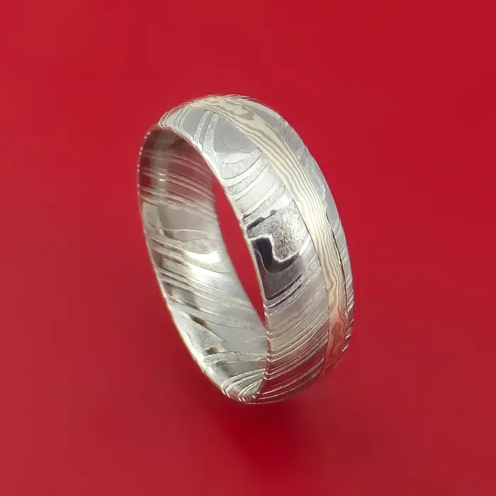 Rings Lashbrook Kuro Damascus Steel Ring with Palladium and Sterling Silver Mokume Gane Inlay Custom Made Band Rings Lashbrook Kuro Damascus Steel Ring with Palladium and Sterling Silver Mokume Gane Inlay Custom Made Band