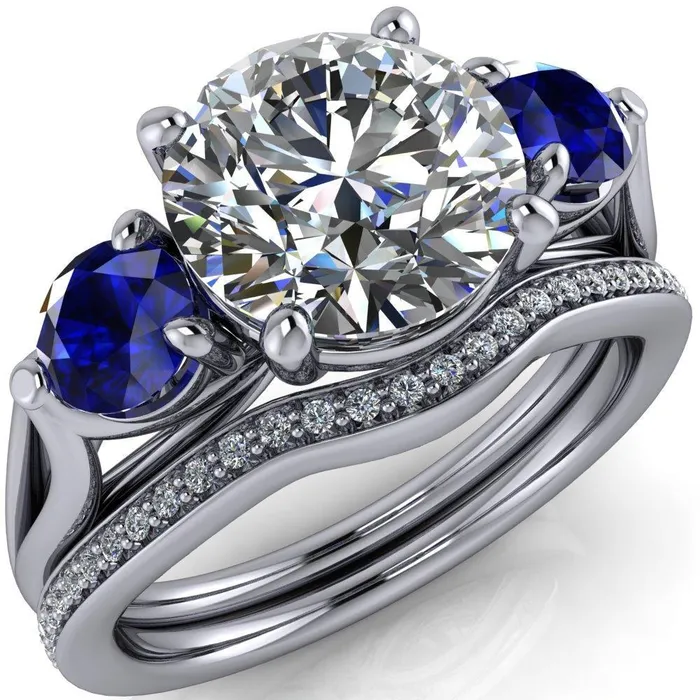 Rings Mira Round Center Stone Blue Sapphire Side Split Shank Cathedral Hybrid Engagement Ring Fire Brilliance Rings Mira Round Center Stone Blue Sapphire Side Split Shank Cathedral Hybrid Engagement Ring Fire Brilliance