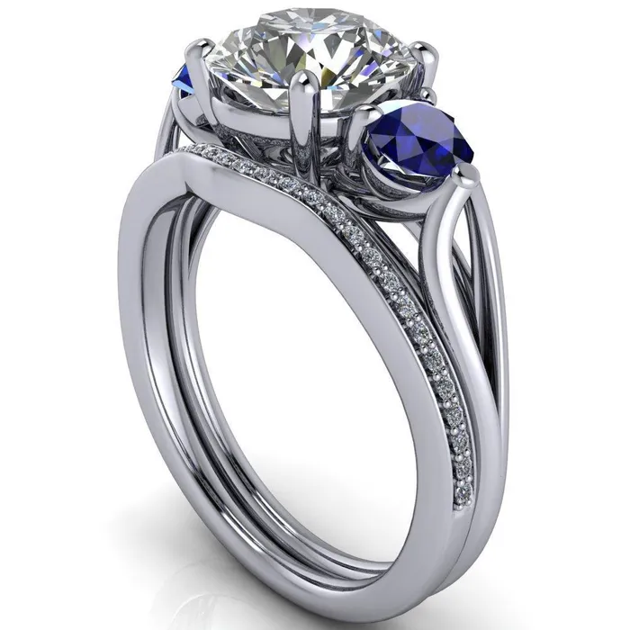 Rings Mira Round Center Stone Blue Sapphire Side Split Shank Cathedral Hybrid Engagement Ring Fire Brilliance 