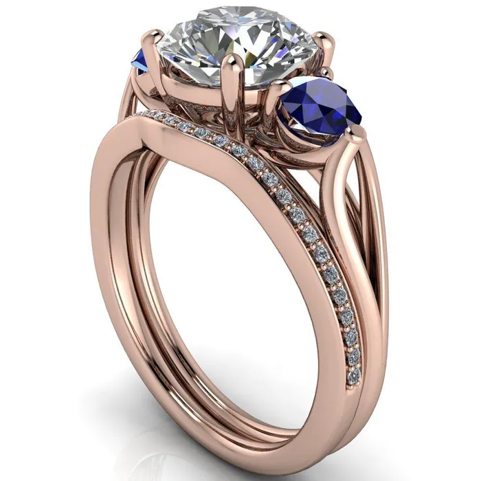 Rings Mira Round Center Stone Blue Sapphire Side Split Shank Cathedral Hybrid Engagement Ring Fire Brilliance 