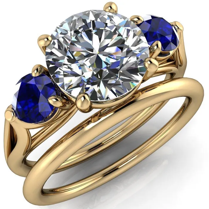Rings Mira Round Center Stone Blue Sapphire Side Split Shank Cathedral Hybrid Engagement Ring Fire Brilliance 