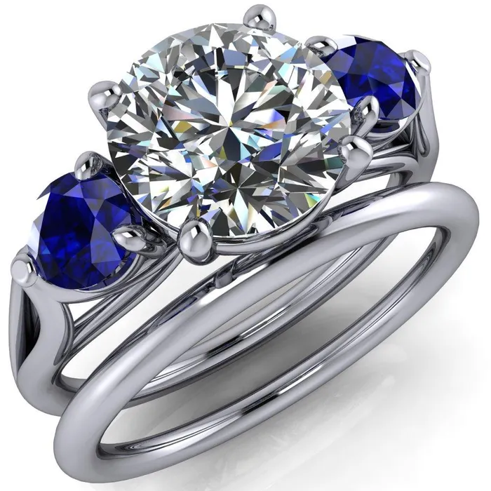 Rings Mira Round Center Stone Blue Sapphire Side Split Shank Cathedral Hybrid Engagement Ring Fire Brilliance 