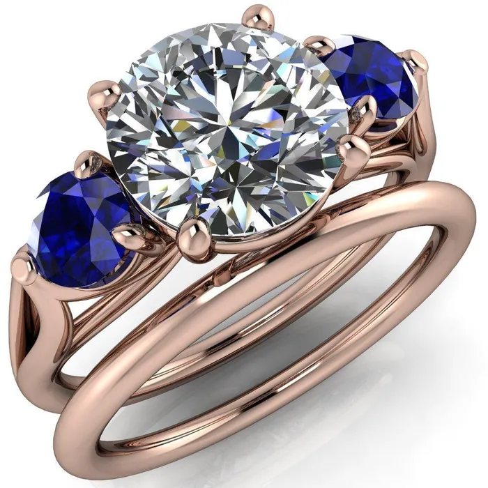 Rings Mira Round Center Stone Blue Sapphire Side Split Shank Cathedral Hybrid Engagement Ring Fire Brilliance 