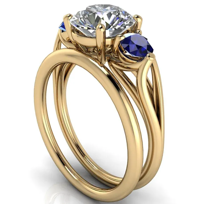 Rings Mira Round Center Stone Blue Sapphire Side Split Shank Cathedral Hybrid Engagement Ring Fire Brilliance 