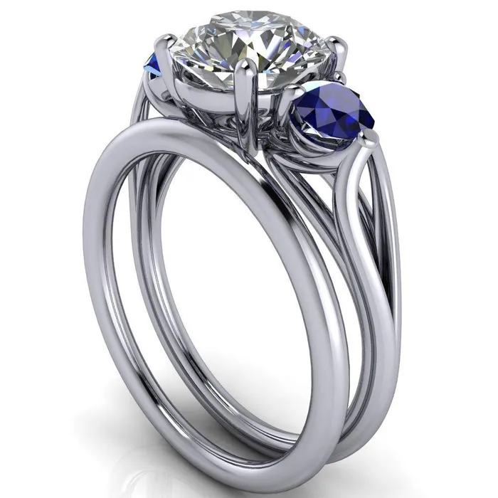 Rings Mira Round Center Stone Blue Sapphire Side Split Shank Cathedral Hybrid Engagement Ring Fire Brilliance 