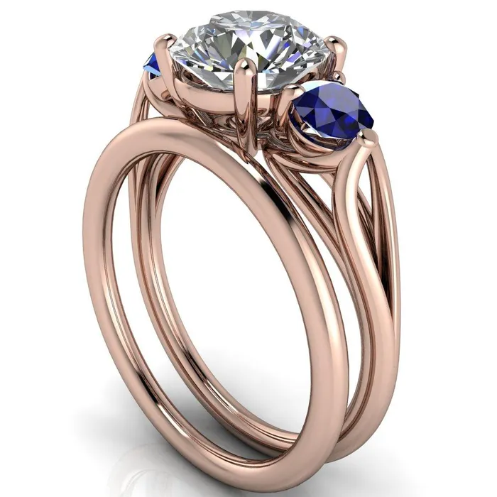 Rings Mira Round Center Stone Blue Sapphire Side Split Shank Cathedral Hybrid Engagement Ring Fire Brilliance 