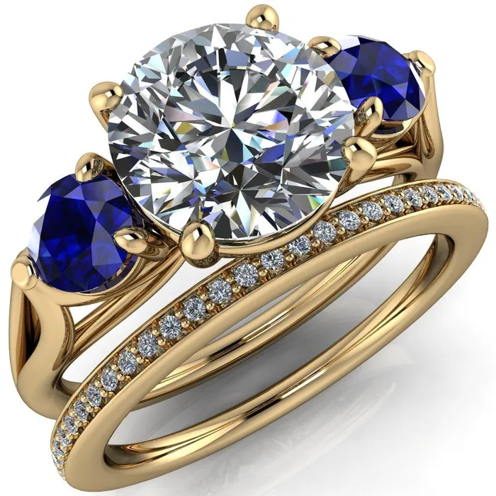 Rings Mira Round Center Stone Blue Sapphire Side Split Shank Cathedral Hybrid Engagement Ring Fire Brilliance 