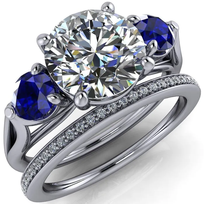 Rings Mira Round Center Stone Blue Sapphire Side Split Shank Cathedral Hybrid Engagement Ring Fire Brilliance 