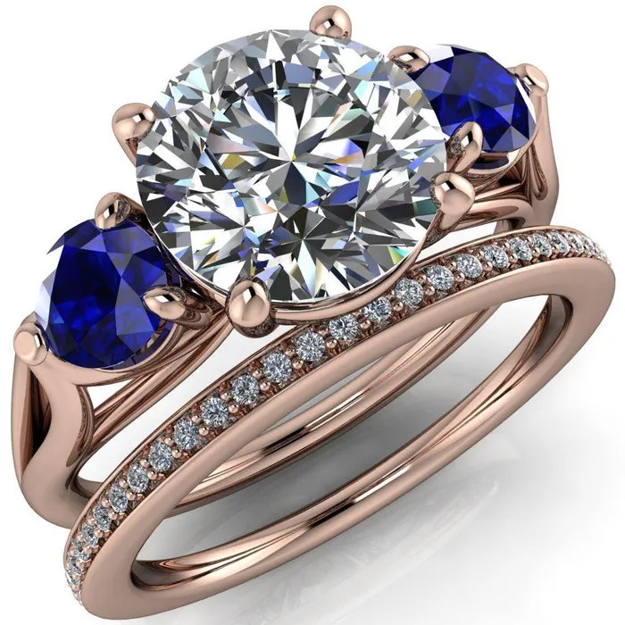 Rings Mira Round Center Stone Blue Sapphire Side Split Shank Cathedral Hybrid Engagement Ring Fire Brilliance 